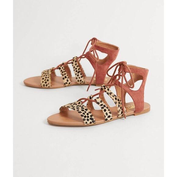 NWT Farylrobin Lianna Leather Sandal fur leapord lace up strappy summer chic 8 - Picture 1 of 5